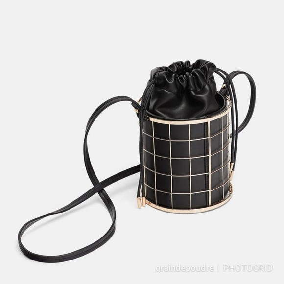 Zara Metal Basket Black Vegan Leather Bucket Bag